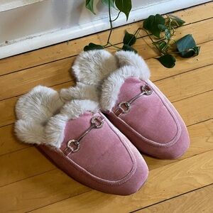 J. Crew Pink Velour Faux Fur Slippers